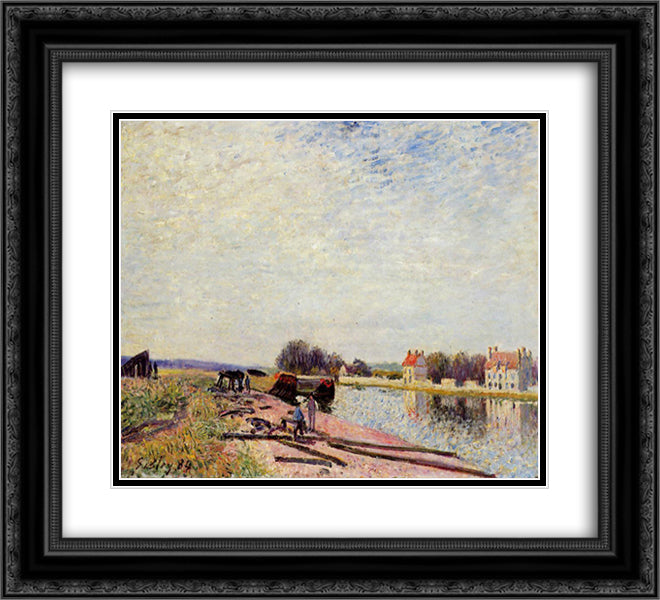 Barges on the Loing, Saint Mammes 22x20 Black Ornate Wood Framed Art Print Poster with Double Matting by Sisley, Alfred