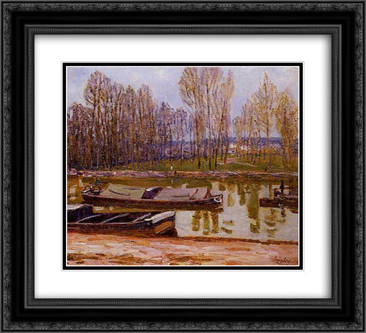 Barges on the Loing Canal, Spring 22x20 Black Ornate Wood Framed Art Print Poster with Double Matting by Sisley, Alfred