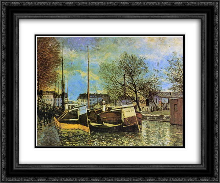 Barges on the Saint Martin Canal 24x20 Black Ornate Wood Framed Art Print Poster with Double Matting by Sisley, Alfred