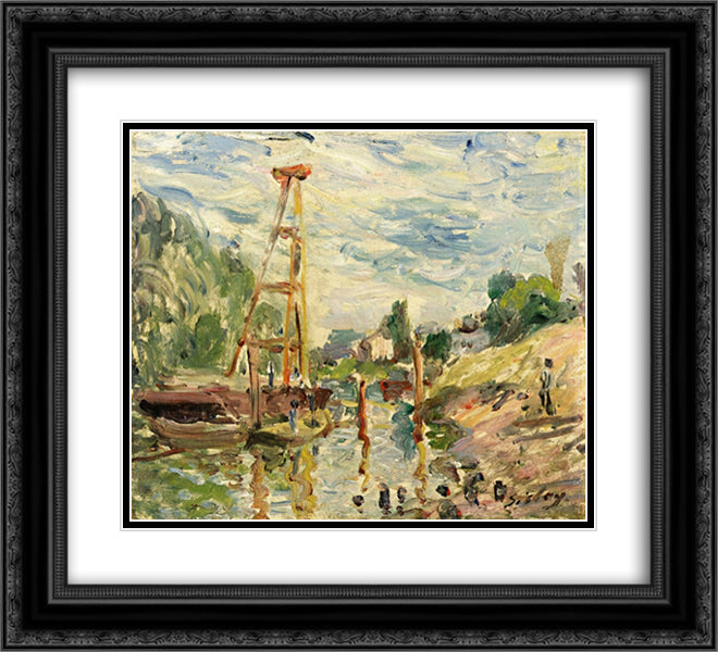 Bateau de Charge sur le Loing 22x20 Black Ornate Wood Framed Art Print Poster with Double Matting by Sisley, Alfred