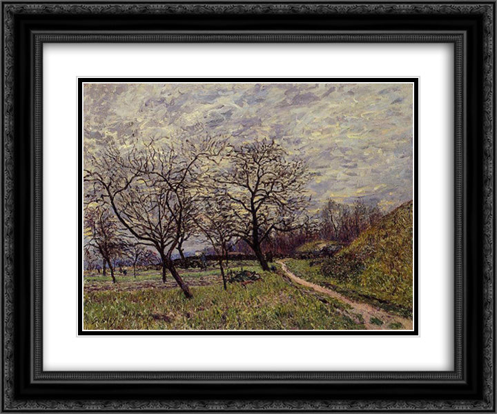 Between Veneux and By December Morning 24x20 Black Ornate Wood Framed Art Print Poster with Double Matting by Sisley, Alfred