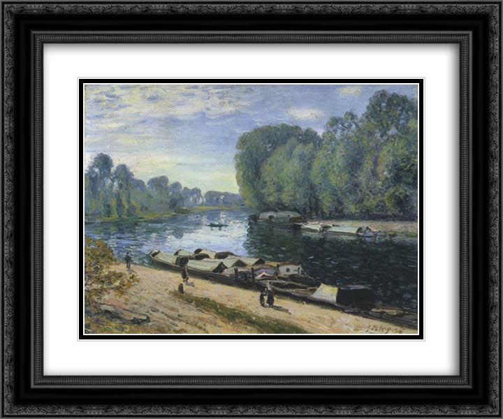 Boats on the Loing River 24x20 Black Ornate Wood Framed Art Print Poster with Double Matting by Sisley, Alfred