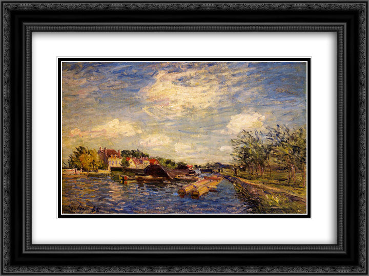 By the Loing 24x18 Black Ornate Wood Framed Art Print Poster with Double Matting by Sisley, Alfred