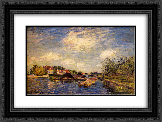 By the Loing 24x18 Black Ornate Wood Framed Art Print Poster with Double Matting by Sisley, Alfred