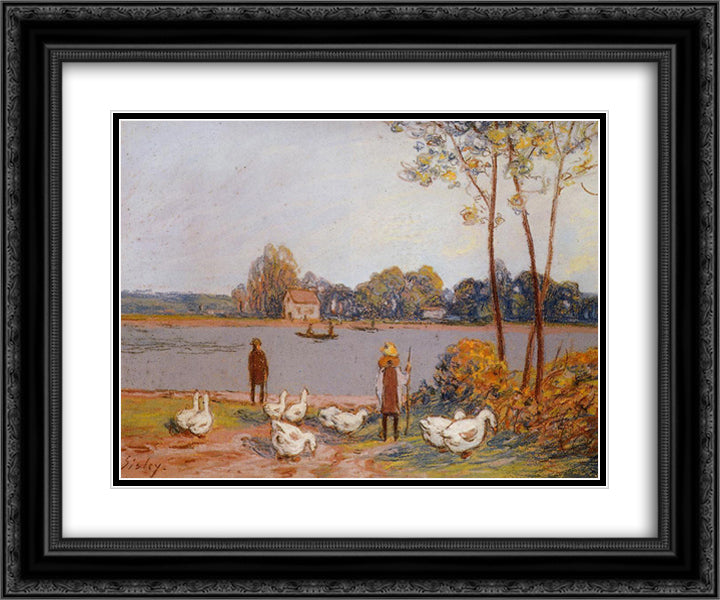 By the River Loing 24x20 Black Ornate Wood Framed Art Print Poster with Double Matting by Sisley, Alfred