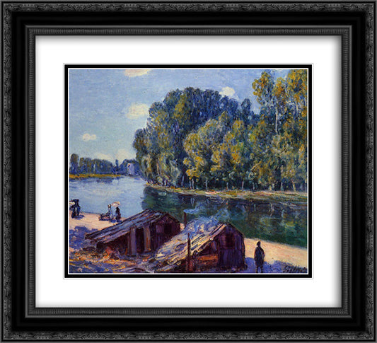 Cabins along the Loing Canal, Sunlight Effect 22x20 Black Ornate Wood Framed Art Print Poster with Double Matting by Sisley, Alfred