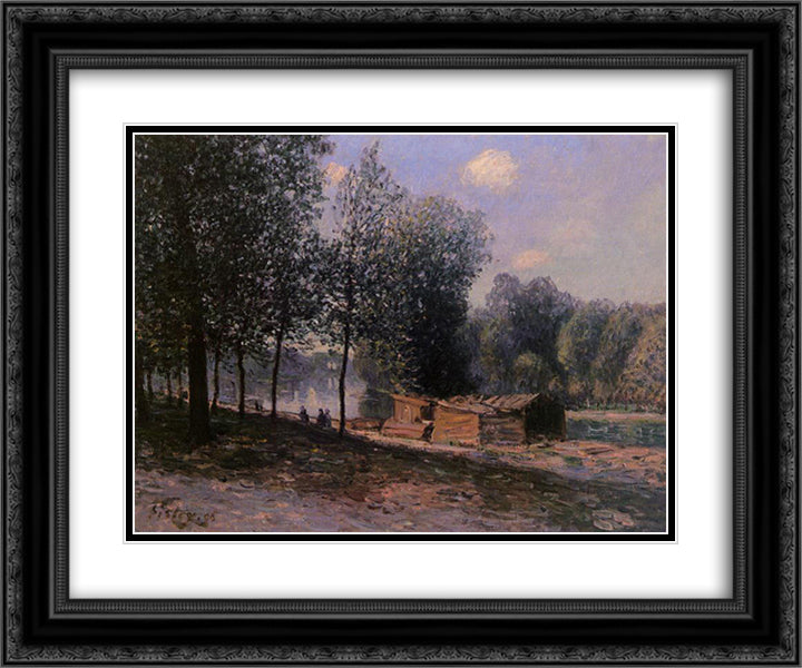 Cabins by the River Loing, Morning 24x20 Black Ornate Wood Framed Art Print Poster with Double Matting by Sisley, Alfred