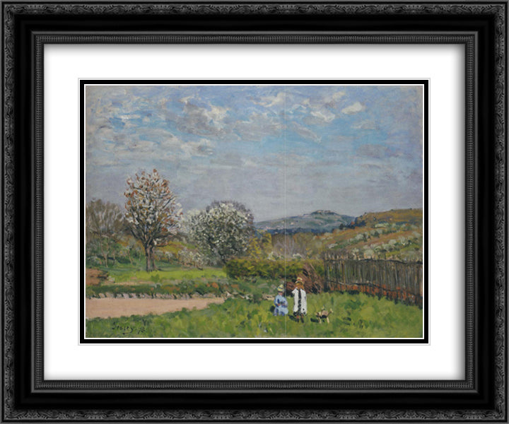 Children Playing in the Fields 24x20 Black Ornate Wood Framed Art Print Poster with Double Matting by Sisley, Alfred