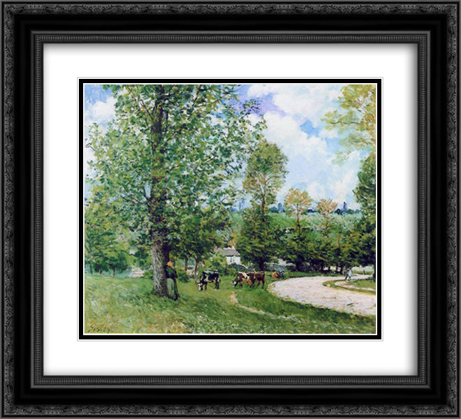 Cow Pasture near Louveciennes 22x20 Black Ornate Wood Framed Art Print Poster with Double Matting by Sisley, Alfred