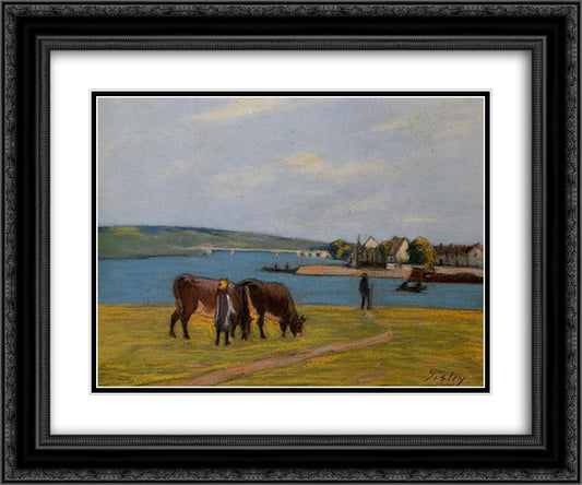 Cows by the Seine at Saint Mammes 24x20 Black Ornate Wood Framed Art Print Poster with Double Matting by Sisley, Alfred