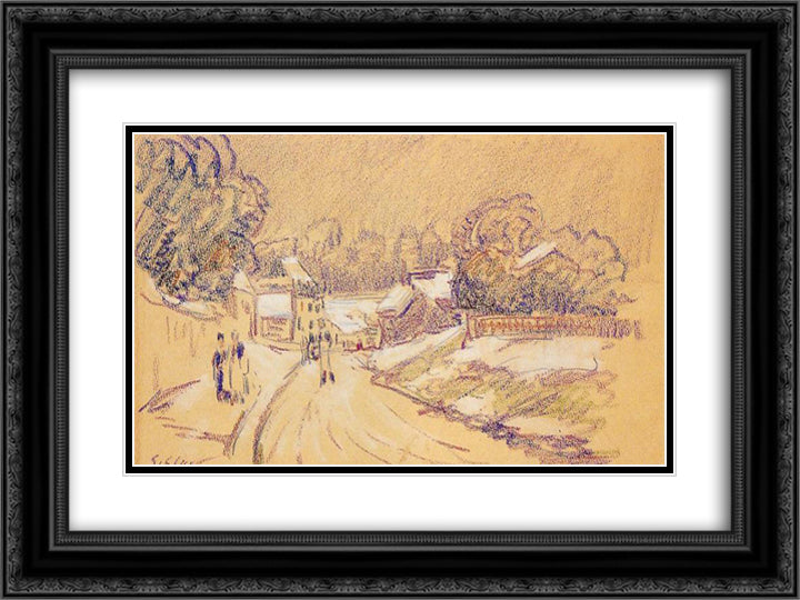 Early Snow at Louveciennes 24x18 Black Ornate Wood Framed Art Print Poster with Double Matting by Sisley, Alfred