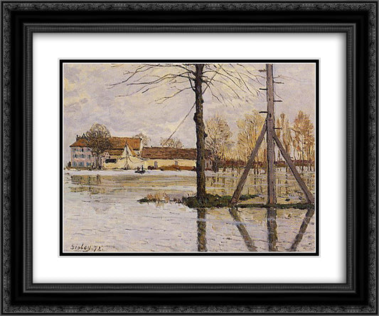 Ferry to the Ile de la Loge, Flood 24x20 Black Ornate Wood Framed Art Print Poster with Double Matting by Sisley, Alfred