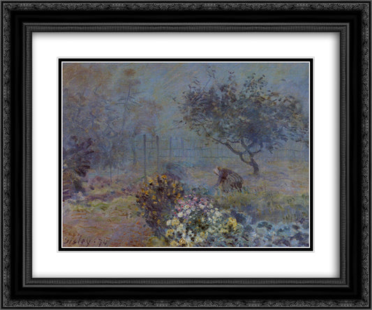 Foggy Morning, Voisins 24x20 Black Ornate Wood Framed Art Print Poster with Double Matting by Sisley, Alfred