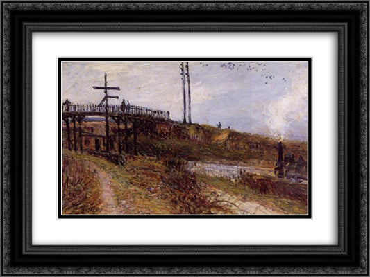 Footbridge over the Railroad at Sevres 24x18 Black Ornate Wood Framed Art Print Poster with Double Matting by Sisley, Alfred