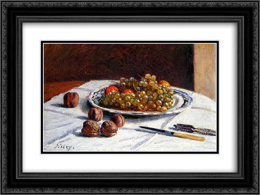 Grapes And Walnuts 24x18 Black Ornate Wood Framed Art Print Poster with Double Matting by Sisley, Alfred