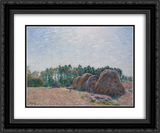 Haystacks at Moret Morning Light 24x20 Black Ornate Wood Framed Art Print Poster with Double Matting by Sisley, Alfred