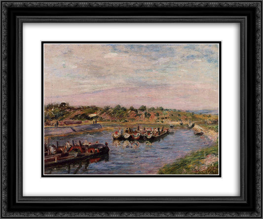 Idle Barges on the Loing Canal at Saint Mammes 24x20 Black Ornate Wood Framed Art Print Poster with Double Matting by Sisley, Alfred