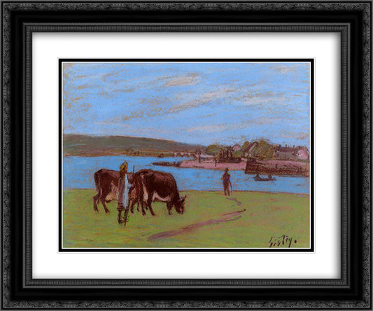 Pasture by the Seine 24x20 Black Ornate Wood Framed Art Print Poster with Double Matting by Sisley, Alfred