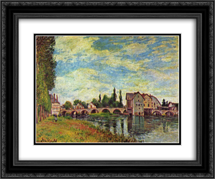 Pont et Moulin de Moret en ete 24x20 Black Ornate Wood Framed Art Print Poster with Double Matting by Sisley, Alfred