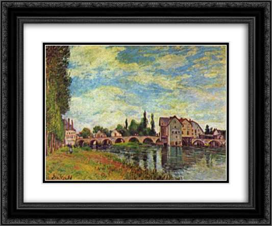 Pont et Moulin de Moret en ete 24x20 Black Ornate Wood Framed Art Print Poster with Double Matting by Sisley, Alfred