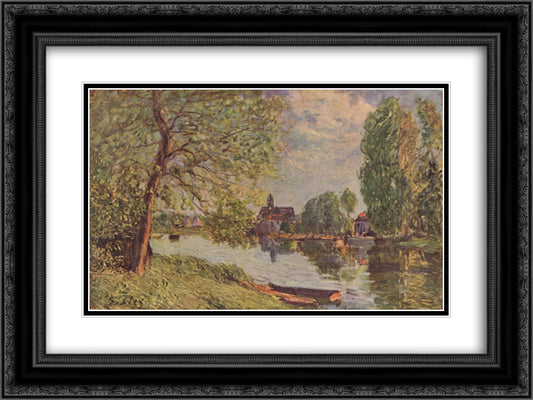 River Landscape by Moret sur Loing 24x18 Black Ornate Wood Framed Art Print Poster with Double Matting by Sisley, Alfred