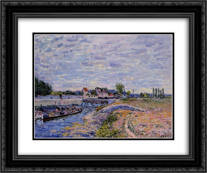 Saint Mammes Dam 24x20 Black Ornate Wood Framed Art Print Poster with Double Matting by Sisley, Alfred
