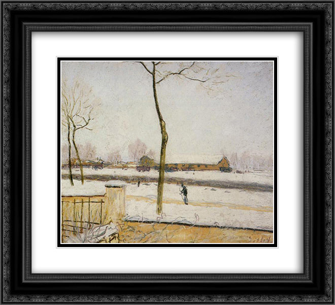 Snow Scene Moret Station 22x20 Black Ornate Wood Framed Art Print Poster with Double Matting by Sisley, Alfred