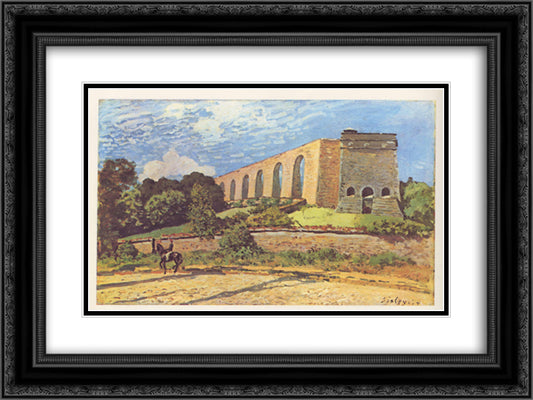 The Aqueduct at Marly 24x18 Black Ornate Wood Framed Art Print Poster with Double Matting by Sisley, Alfred