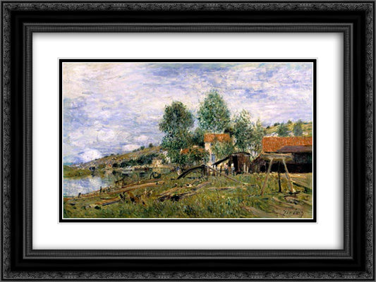 The Boatyard at Saint Mammes 24x18 Black Ornate Wood Framed Art Print Poster with Double Matting by Sisley, Alfred