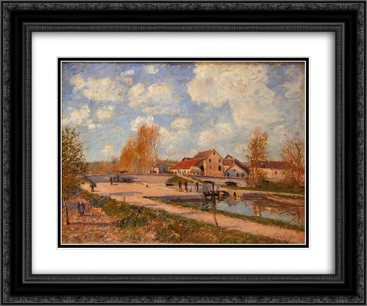 The Bourgogne Lock at Moret, Spring 24x20 Black Ornate Wood Framed Art Print Poster with Double Matting by Sisley, Alfred