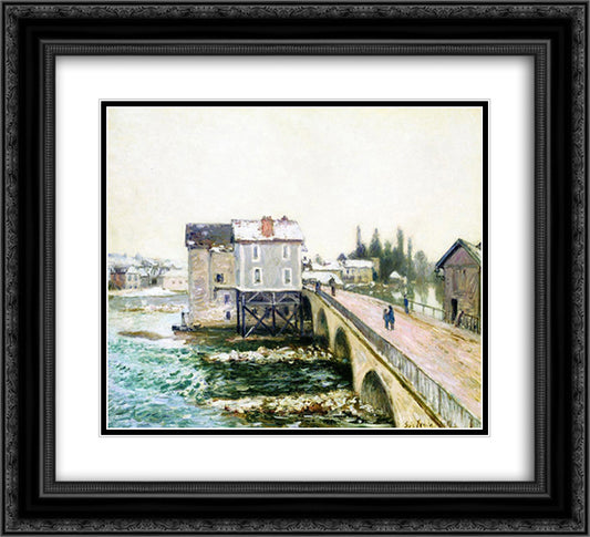 The Bridge and Mills of Moret, Winter s Effect 22x20 Black Ornate Wood Framed Art Print Poster with Double Matting by Sisley, Alfred