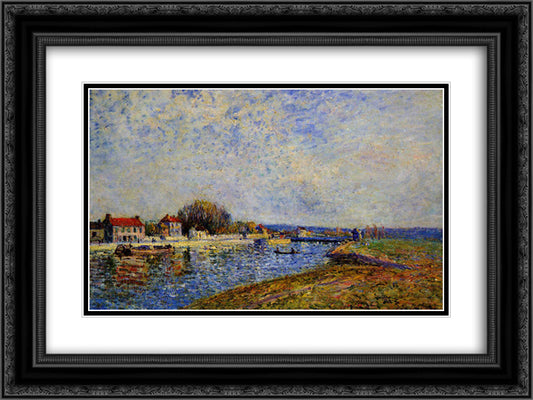 The Dam, Loing Canal at Saint Mammes 24x18 Black Ornate Wood Framed Art Print Poster with Double Matting by Sisley, Alfred