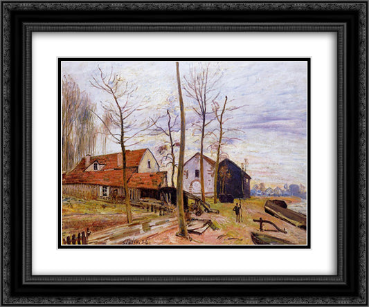 The Mills of Moret, Sunrise 24x20 Black Ornate Wood Framed Art Print Poster with Double Matting by Sisley, Alfred