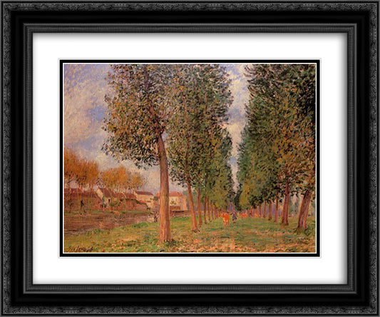 The Poplar Avenue at Moret, Cloudy Day, Morning 24x20 Black Ornate Wood Framed Art Print Poster with Double Matting by Sisley, Alfred