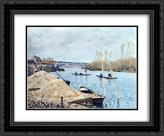 The Seine at Port Marly sand piles 24x20 Black Ornate Wood Framed Art Print Poster with Double Matting by Sisley, Alfred