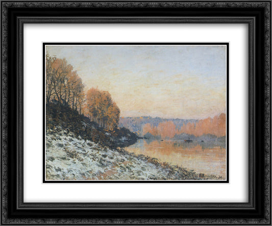 The Seine at Bougival in Winter 24x20 Black Ornate Wood Framed Art Print Poster with Double Matting by Sisley, Alfred