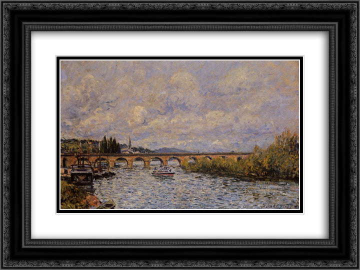 The Sevres Bridge 24x18 Black Ornate Wood Framed Art Print Poster with Double Matting by Sisley, Alfred
