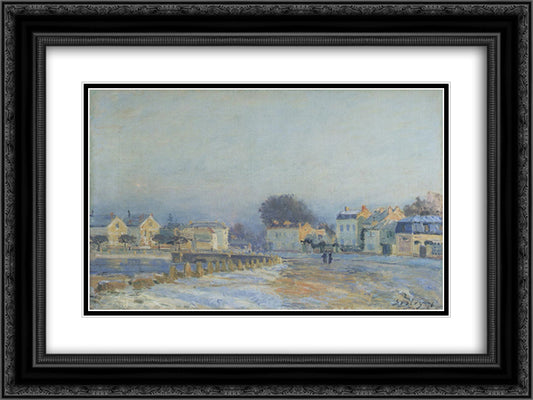 The Watering Place at Marly Le Roi Hoarfrost 24x18 Black Ornate Wood Framed Art Print Poster with Double Matting by Sisley, Alfred