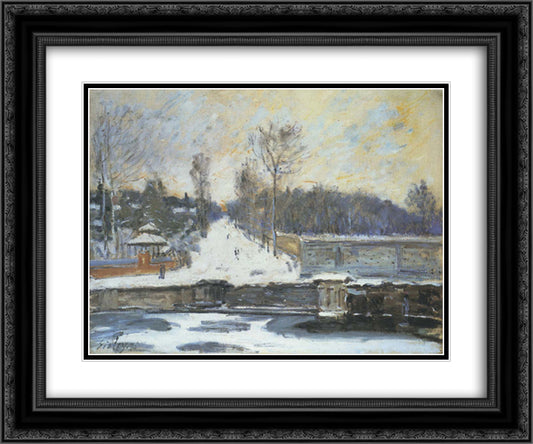 The Watering Place at Marly le Roi in Winter 24x20 Black Ornate Wood Framed Art Print Poster with Double Matting by Sisley, Alfred