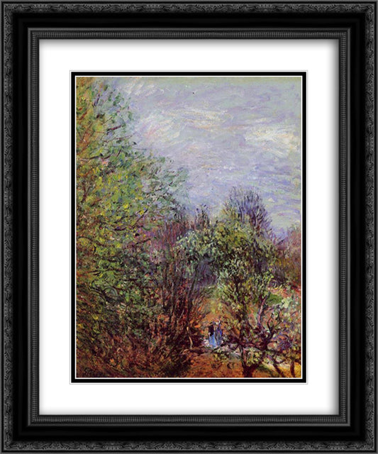 Two Women Walking along the riverbank 20x24 Black Ornate Wood Framed Art Print Poster with Double Matting by Sisley, Alfred