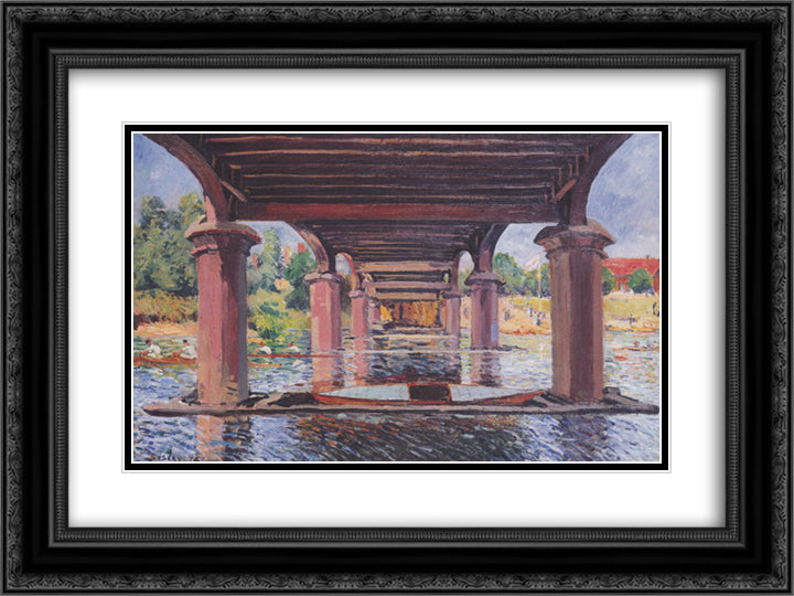 Under the bridge at Hampton Court 24x18 Black Ornate Wood Framed Art Print Poster with Double Matting by Sisley, Alfred
