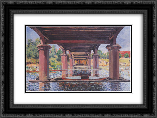 Under the bridge at Hampton Court 24x18 Black Ornate Wood Framed Art Print Poster with Double Matting by Sisley, Alfred