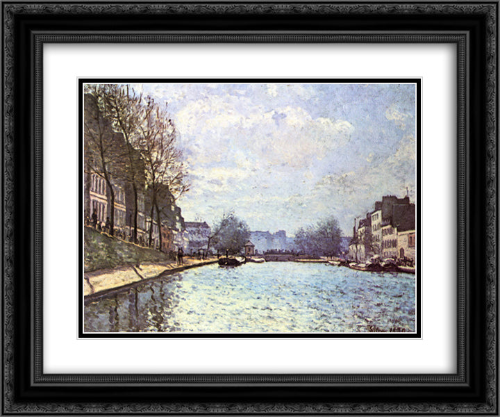 View of the Canal Saint Martin 24x20 Black Ornate Wood Framed Art Print Poster with Double Matting by Sisley, Alfred