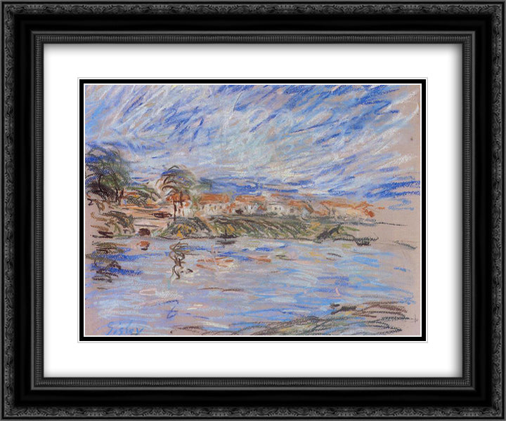 View of a Village by a River 24x20 Black Ornate Wood Framed Art Print Poster with Double Matting by Sisley, Alfred