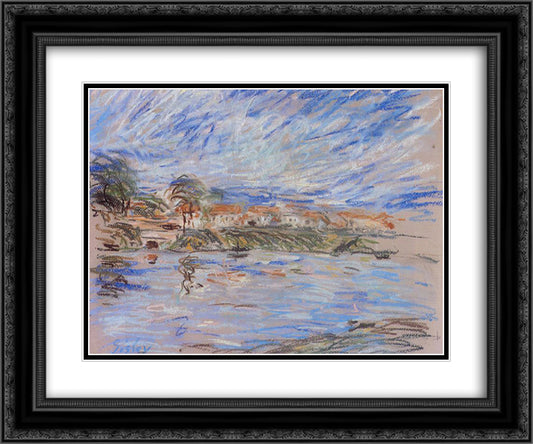 View of a Village by a River 24x20 Black Ornate Wood Framed Art Print Poster with Double Matting by Sisley, Alfred