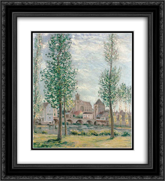 View of Moret sur Loing through the Trees 20x22 Black Ornate Wood Framed Art Print Poster with Double Matting by Sisley, Alfred