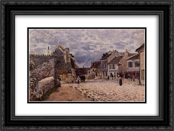 Village Street Grey Weather 24x18 Black Ornate Wood Framed Art Print Poster with Double Matting by Sisley, Alfred