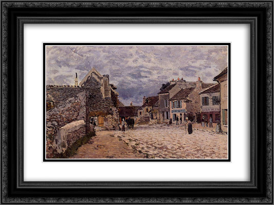 Village Street Grey Weather 24x18 Black Ornate Wood Framed Art Print Poster with Double Matting by Sisley, Alfred
