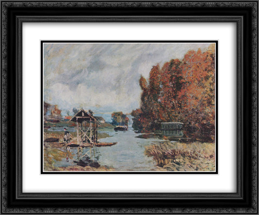 Washerwomen of Bougival 24x20 Black Ornate Wood Framed Art Print Poster with Double Matting by Sisley, Alfred