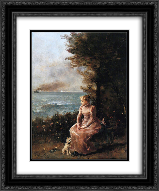 A Young Girl Seated by a Tree 20x24 Black Ornate Wood Framed Art Print Poster with Double Matting by Stevens, Alfred